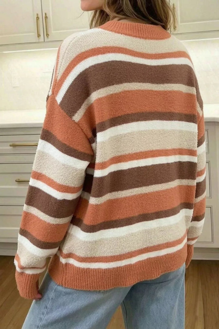 Striped drop shoulder mock neck pullover sweater
