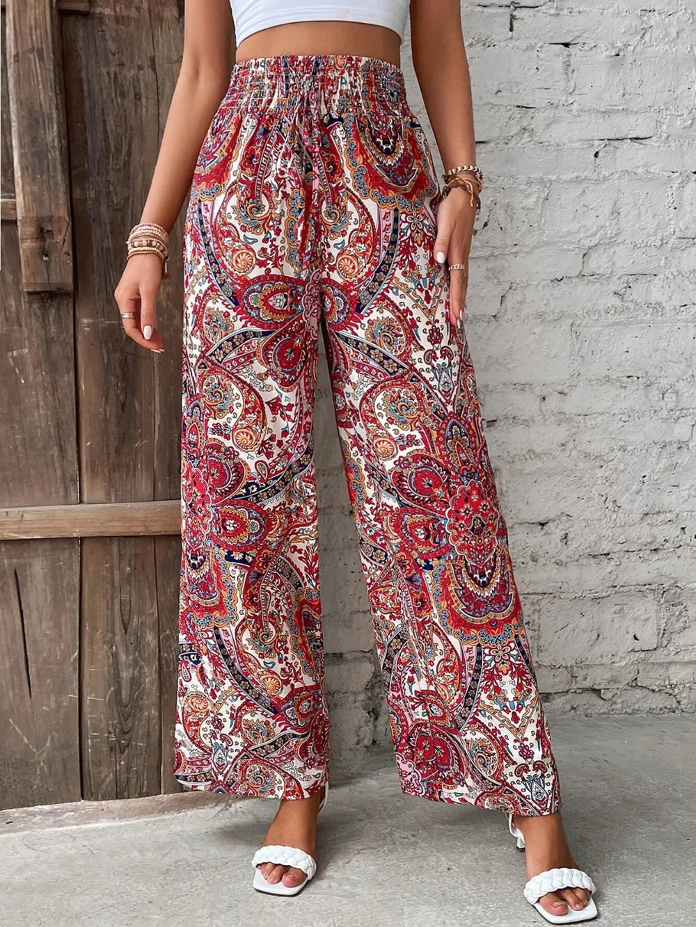 Deep Red Paisley print wide-leg pants with drawstring waist