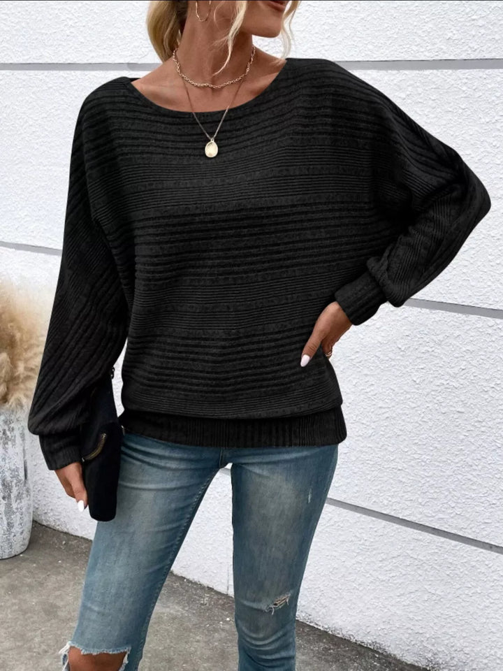 Ribbed knit relaxed long sleeve boat-neck top