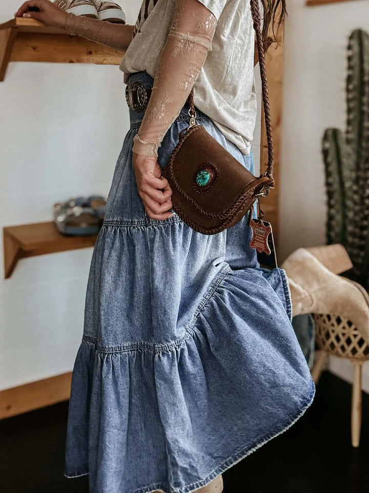 High-rise tiered button-fly denim maxi skirt