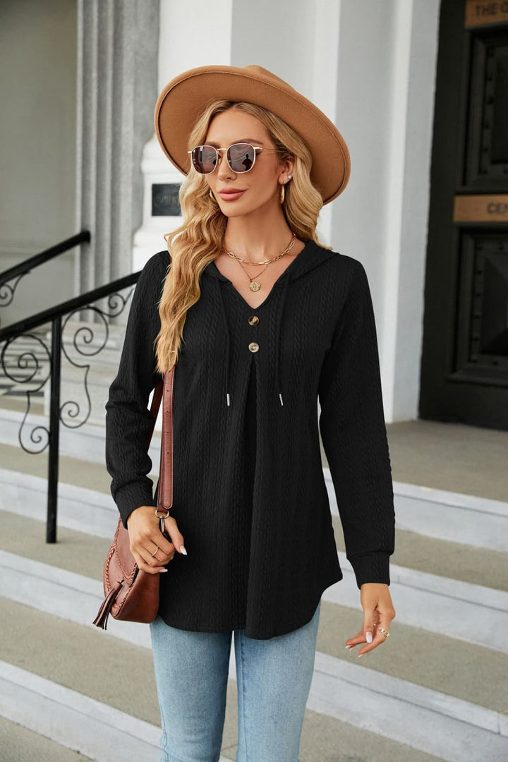 Black Cable knit hooded top with tie neck and button placket