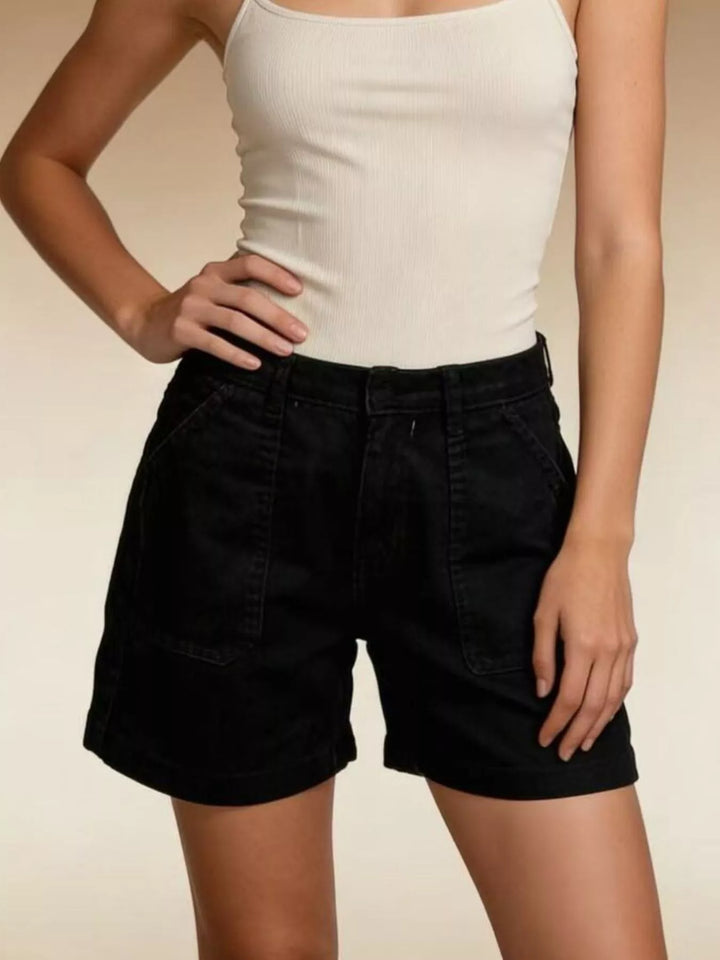 Patch pocket mid-rise denim shorts with cuffed hem