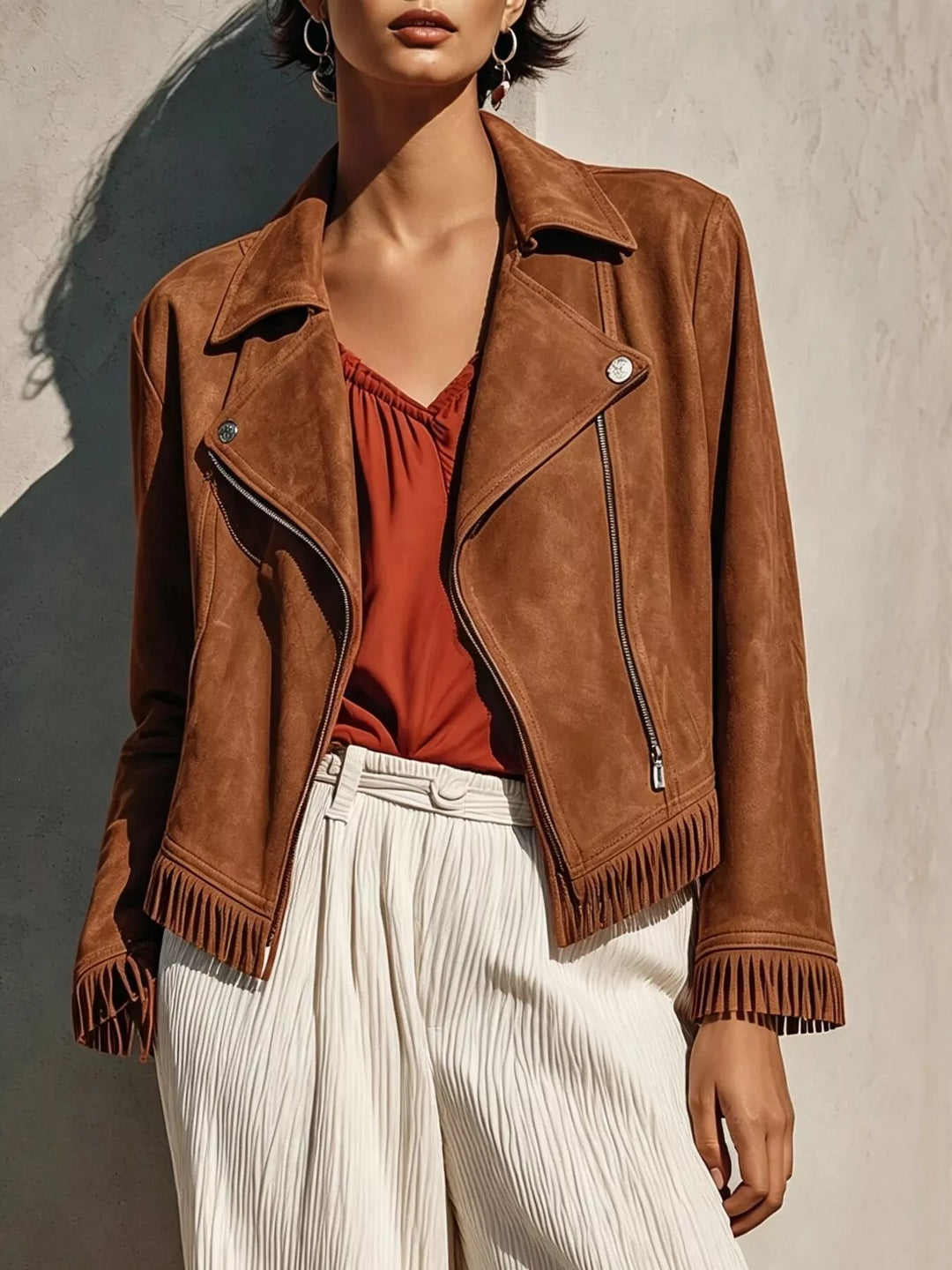 Camel Fringe hem faux leather moto jacket with asymmetrical zip