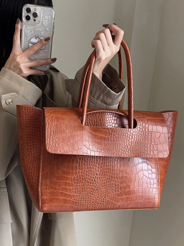 Croc-embossed faux leather shoulder tote bag