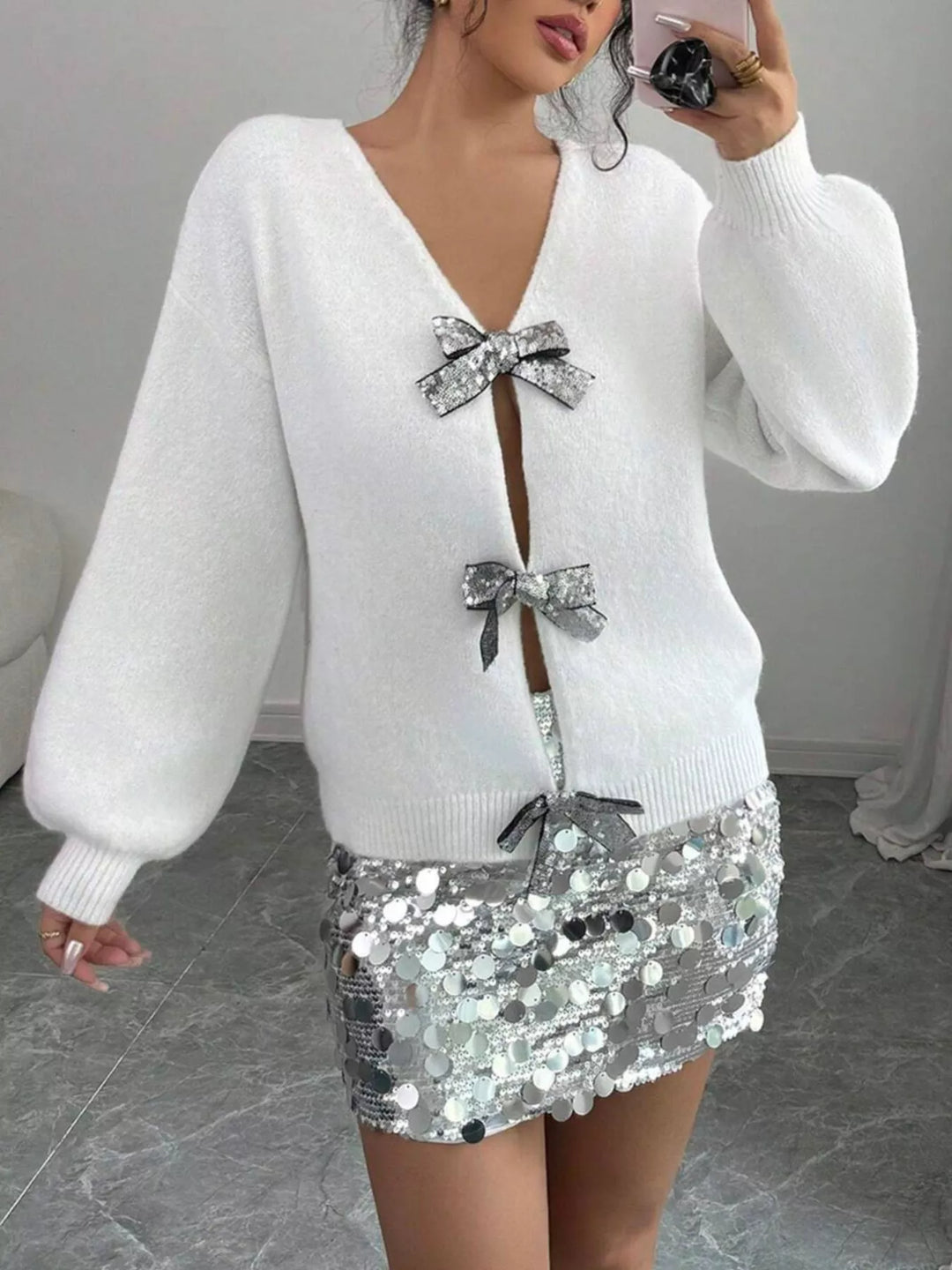 White Sequin bow-tie dropped shoulder fuzzy knit cardigan