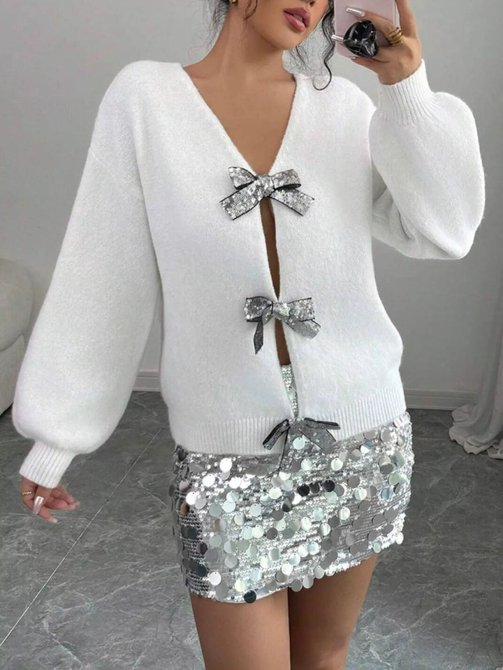 White Sequin bow-tie dropped shoulder fuzzy knit cardigan