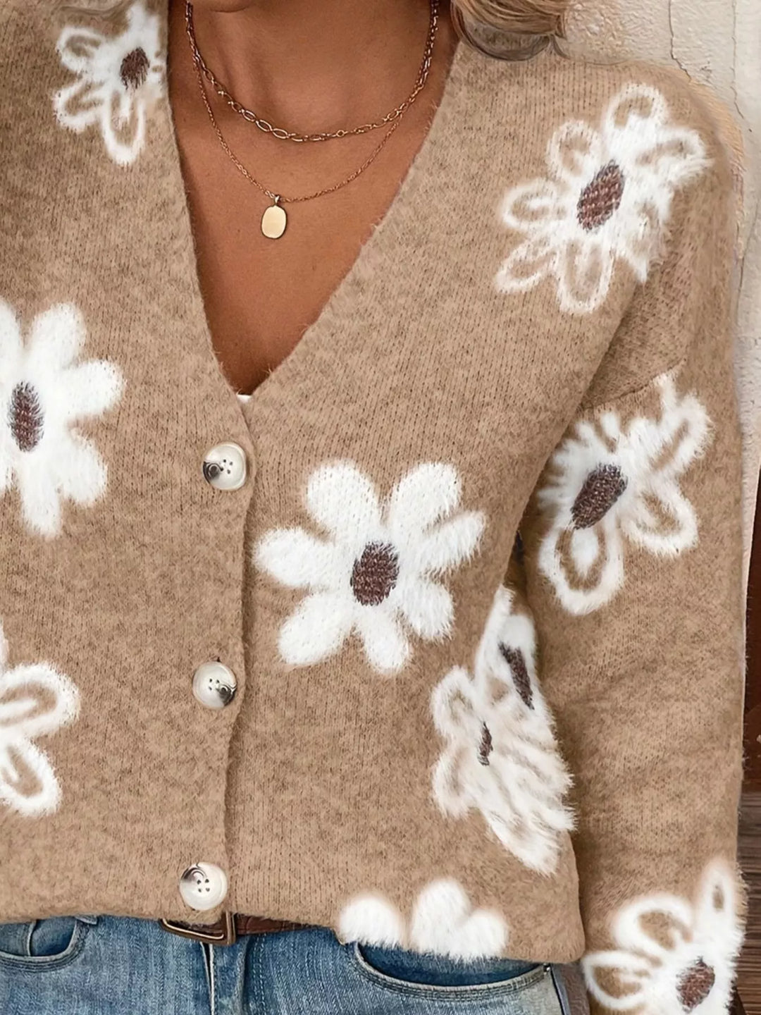 Fuzzy floral knit button-up V-neck cardigan