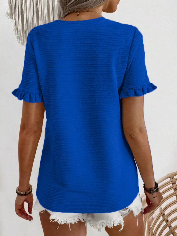Ruffle-cuff crew neck top with crinkle texture