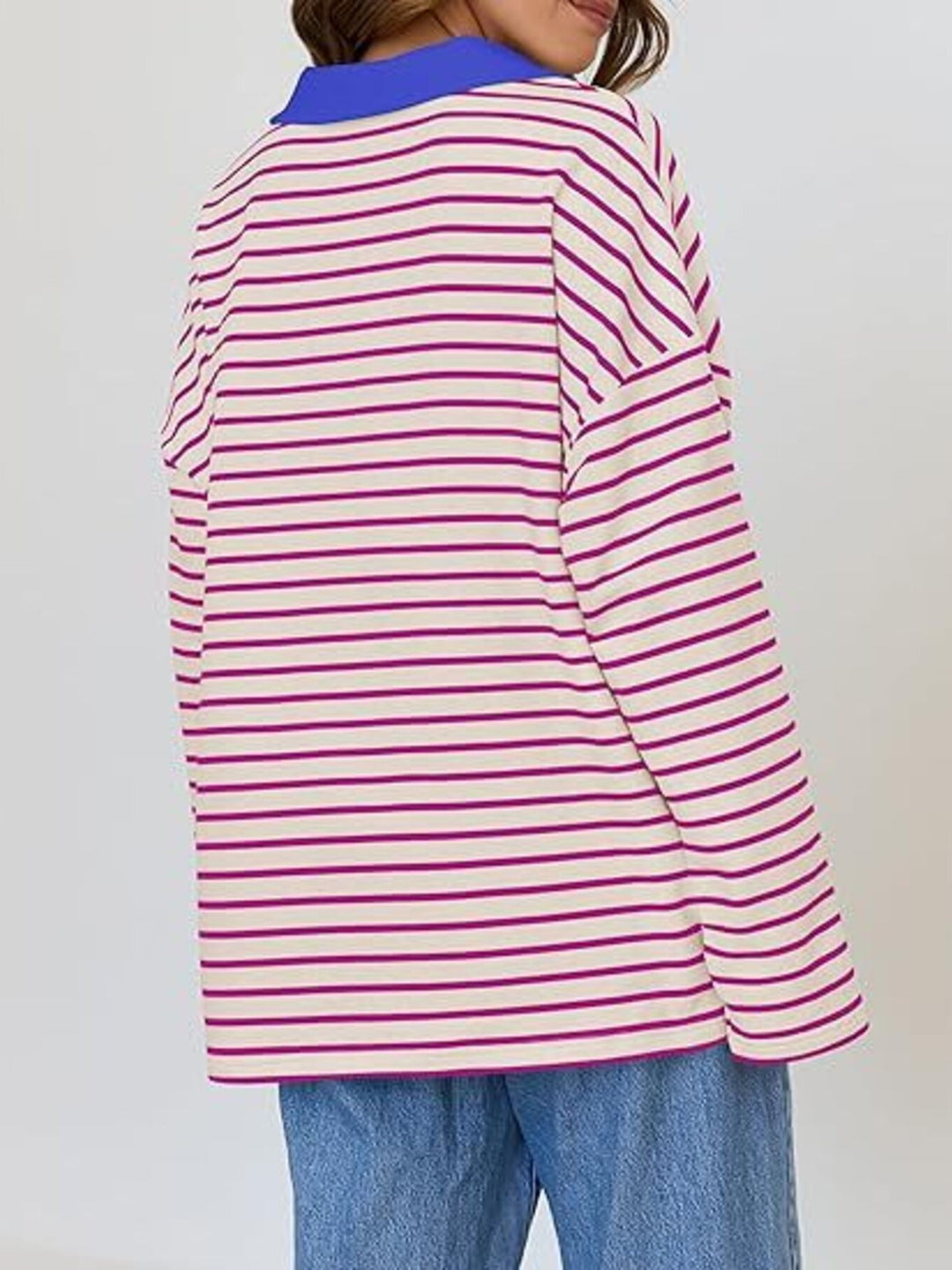Striped oversized long sleeve top with contrast collar