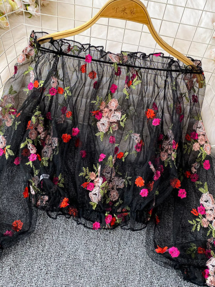 Floral embroidered off-shoulder mesh crop top with puff sleeves