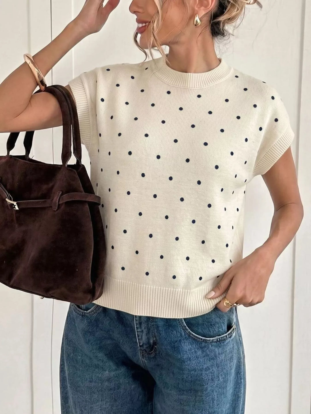Polka dot short sleeve knit sweater with ribbed trim