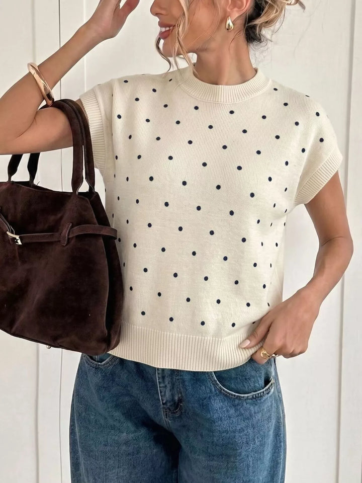 Polka dot short sleeve knit sweater with ribbed trim
