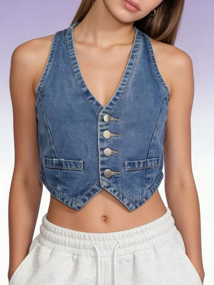 Cropped button-front denim vest with V-neck