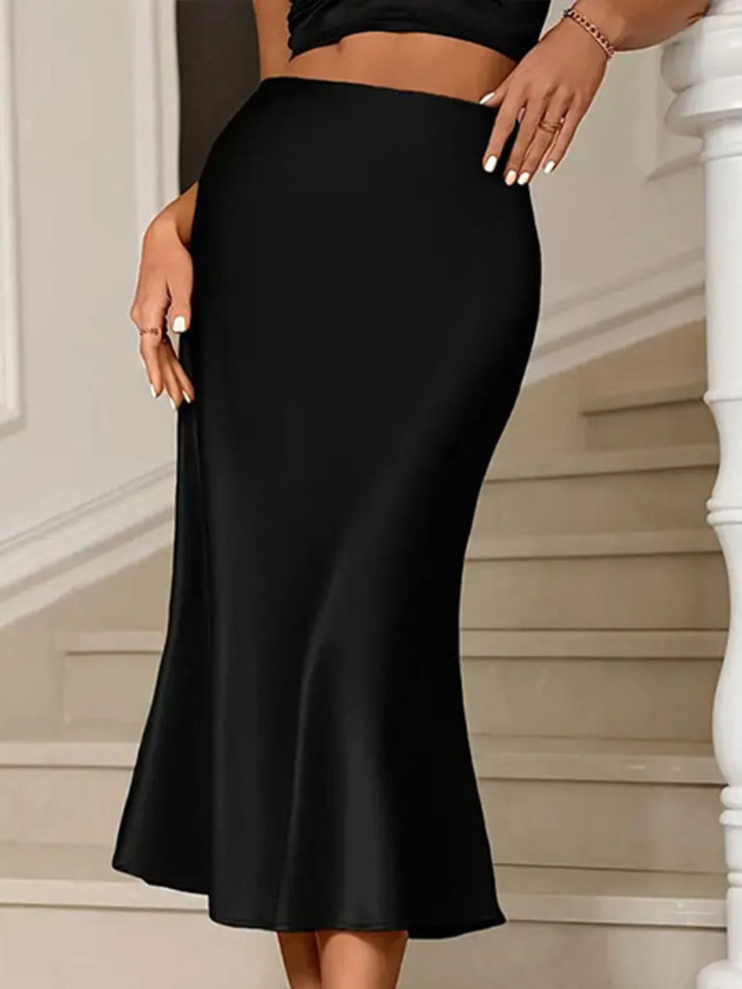 High-waist satin midi skirt with mermaid flare