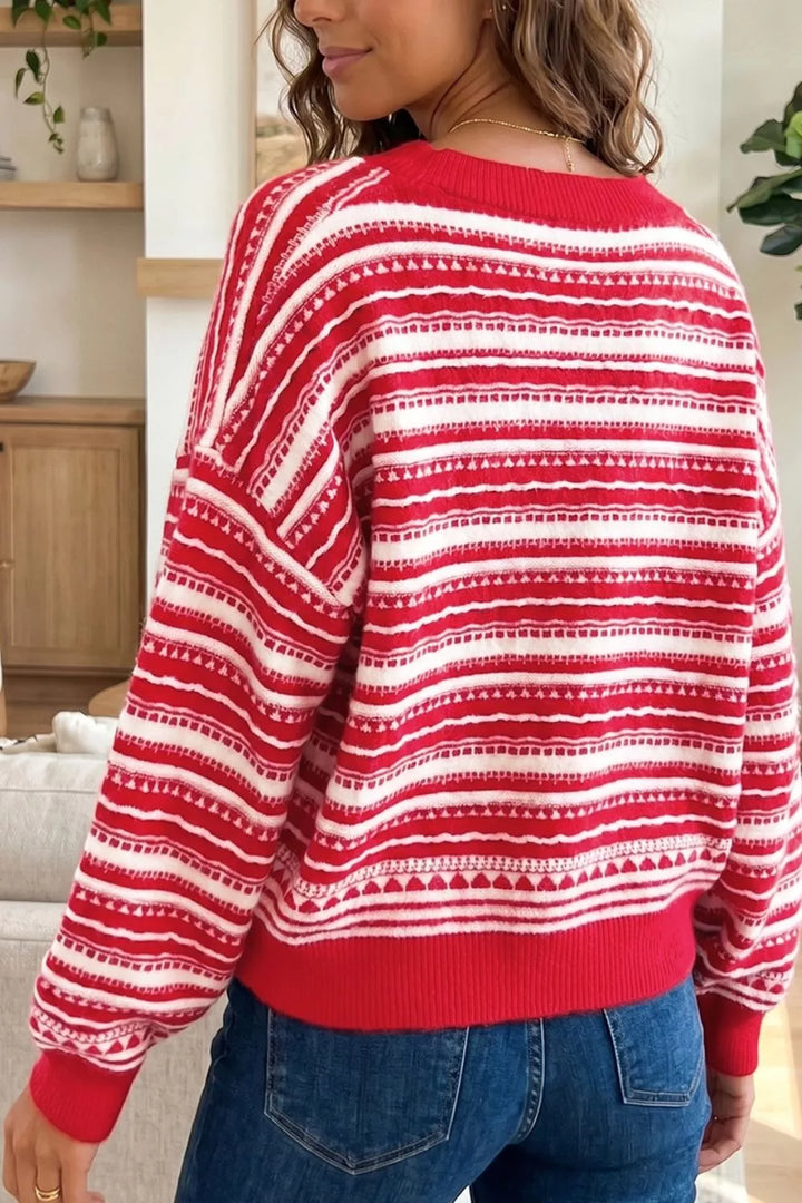 Geometric striped V-neck button front knit cardigan
