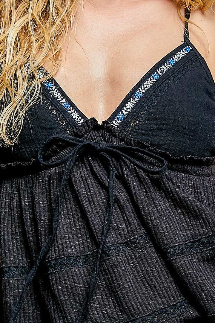 V-neck tiered cami with embroidered trim and tie front