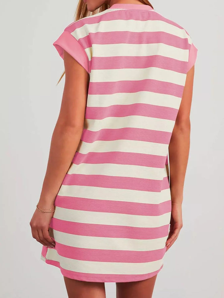 Striped cap sleeve mini dress with side pockets