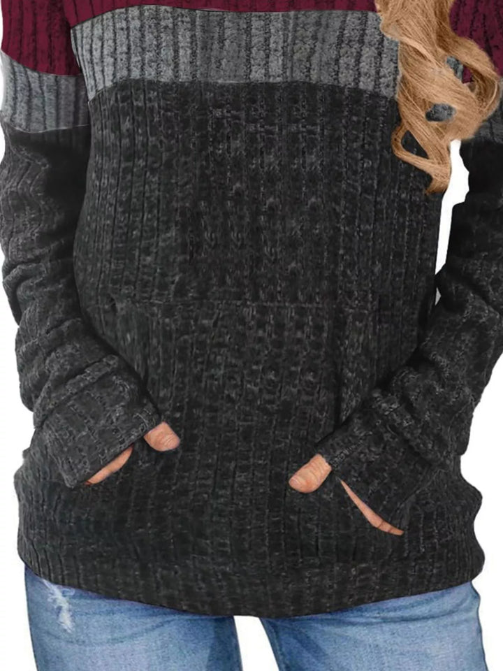 Color block ribbed knit hoodie with kangaroo pocket