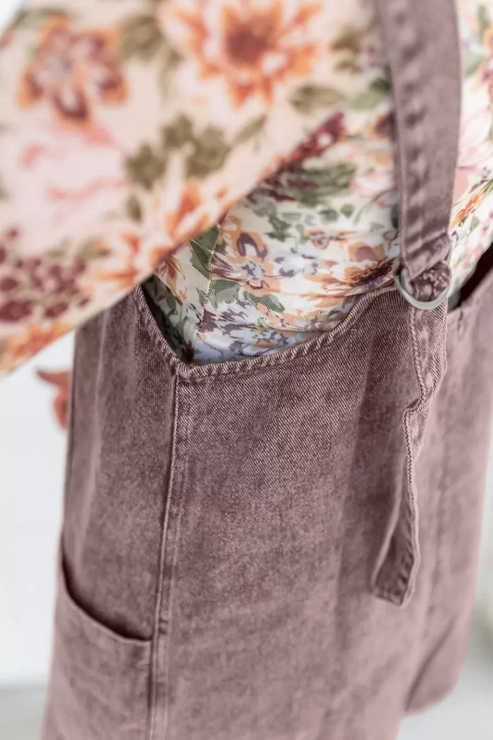 Vintage wash denim overall dress with patch pockets