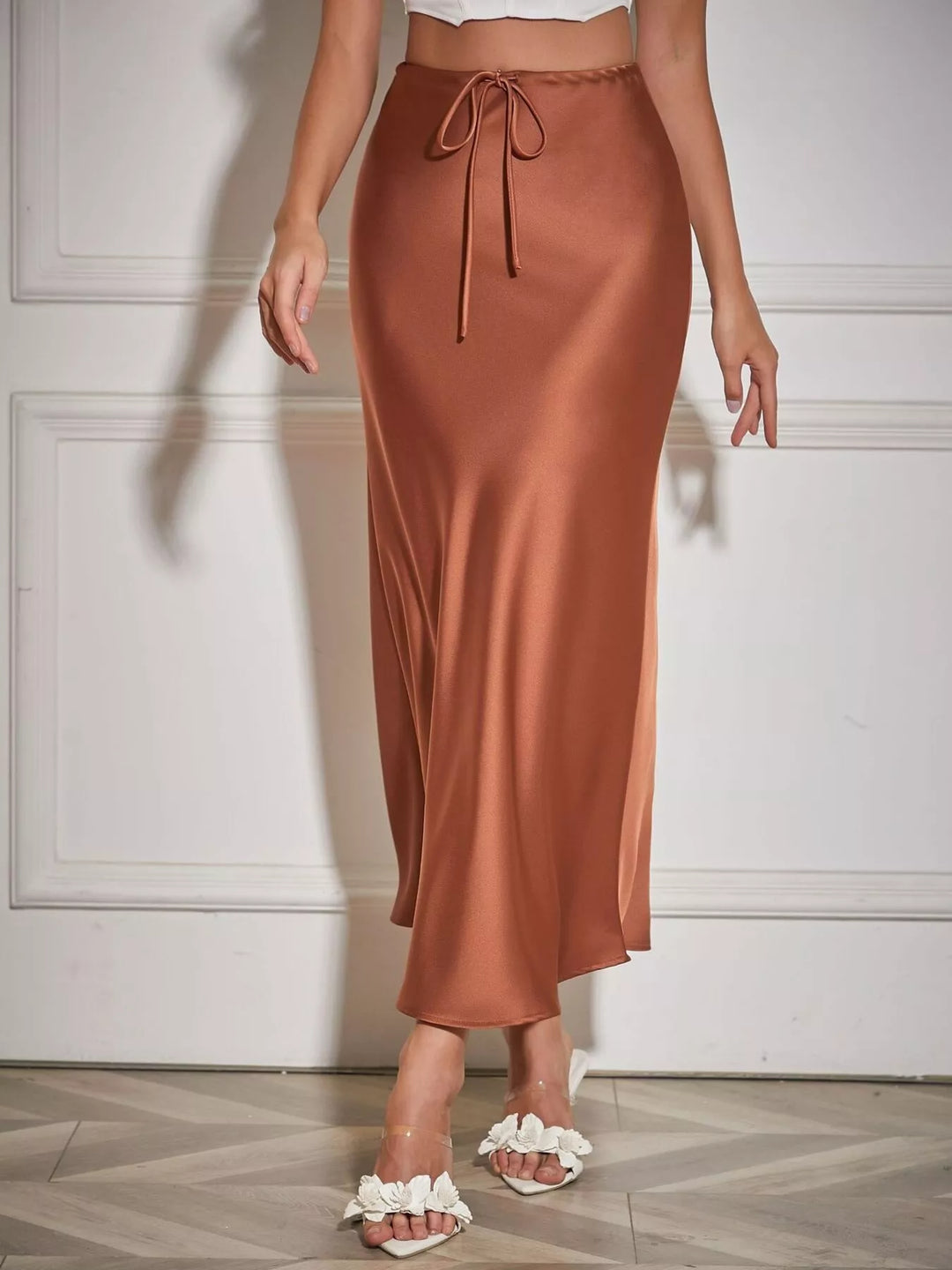 High-waist satin midi skirt with drawstring tie