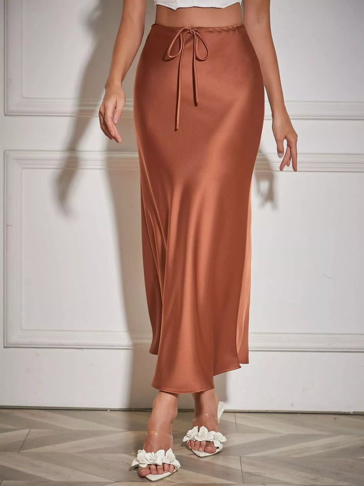 High-waist satin midi skirt with drawstring tie