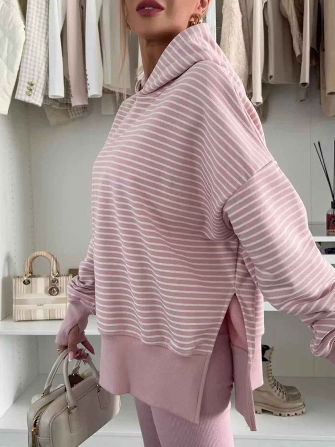 Striped drop-shoulder hoodie with thumbhole cuffs and side slits