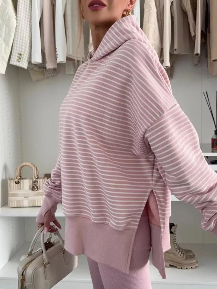Striped drop-shoulder hoodie with thumbhole cuffs and side slits