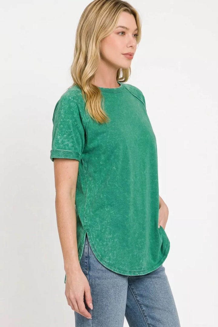 French terry mineral-wash curved hem top with side slits