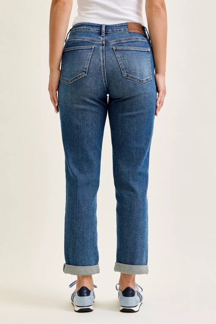 Mid-rise boyfriend jeans with embroidered repair patch