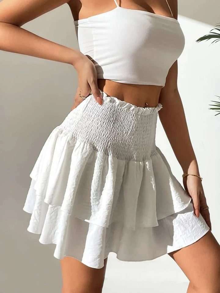 High-waist smocked tiered ruffle mini skirt