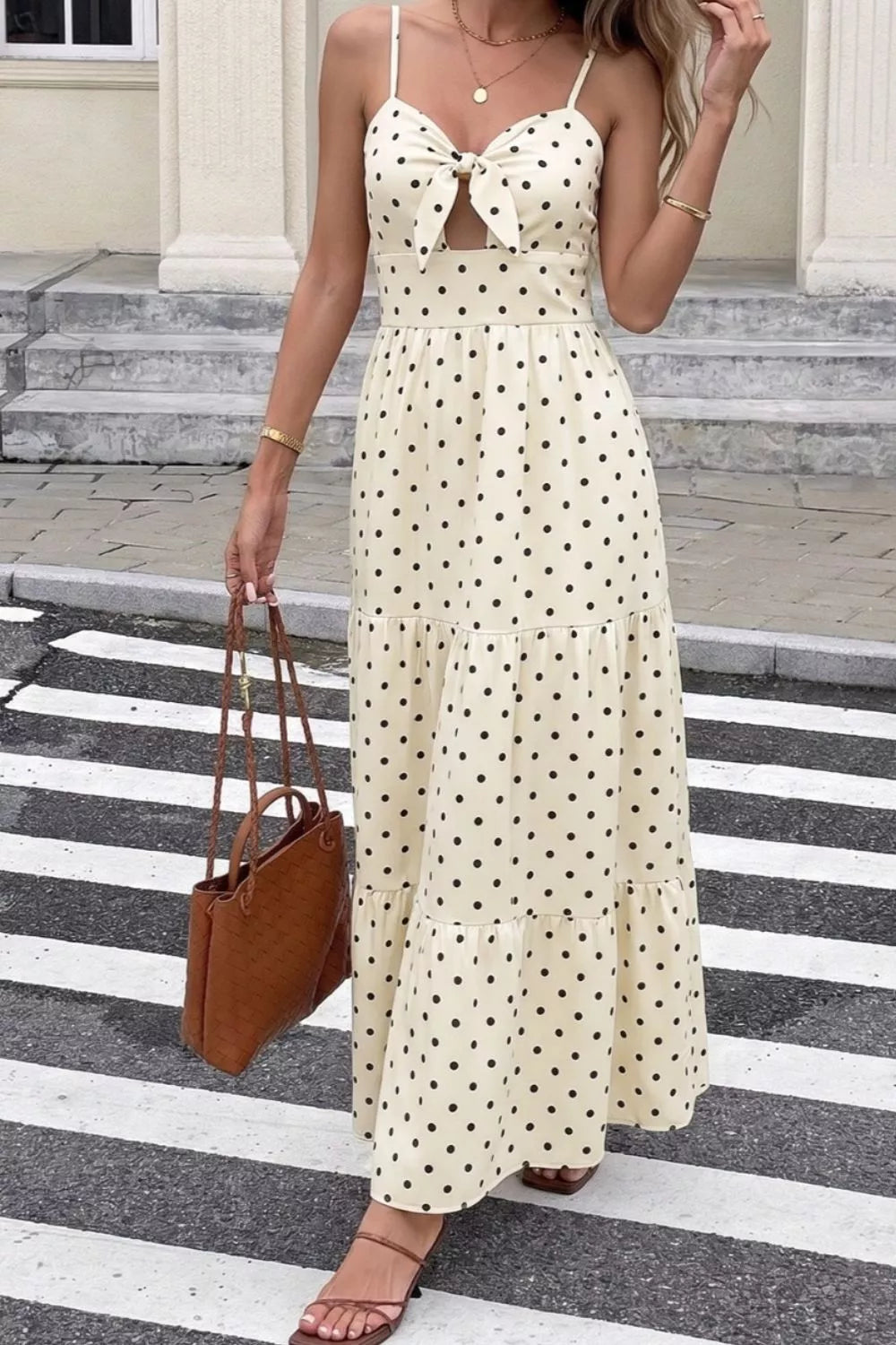 Polka dot tie-front cutout tiered maxi dress