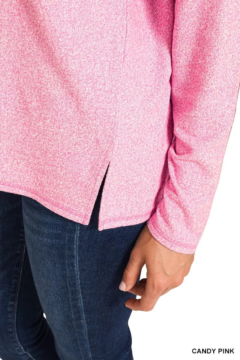 Exposed-seam melange hacci v-neck top with chest pocket