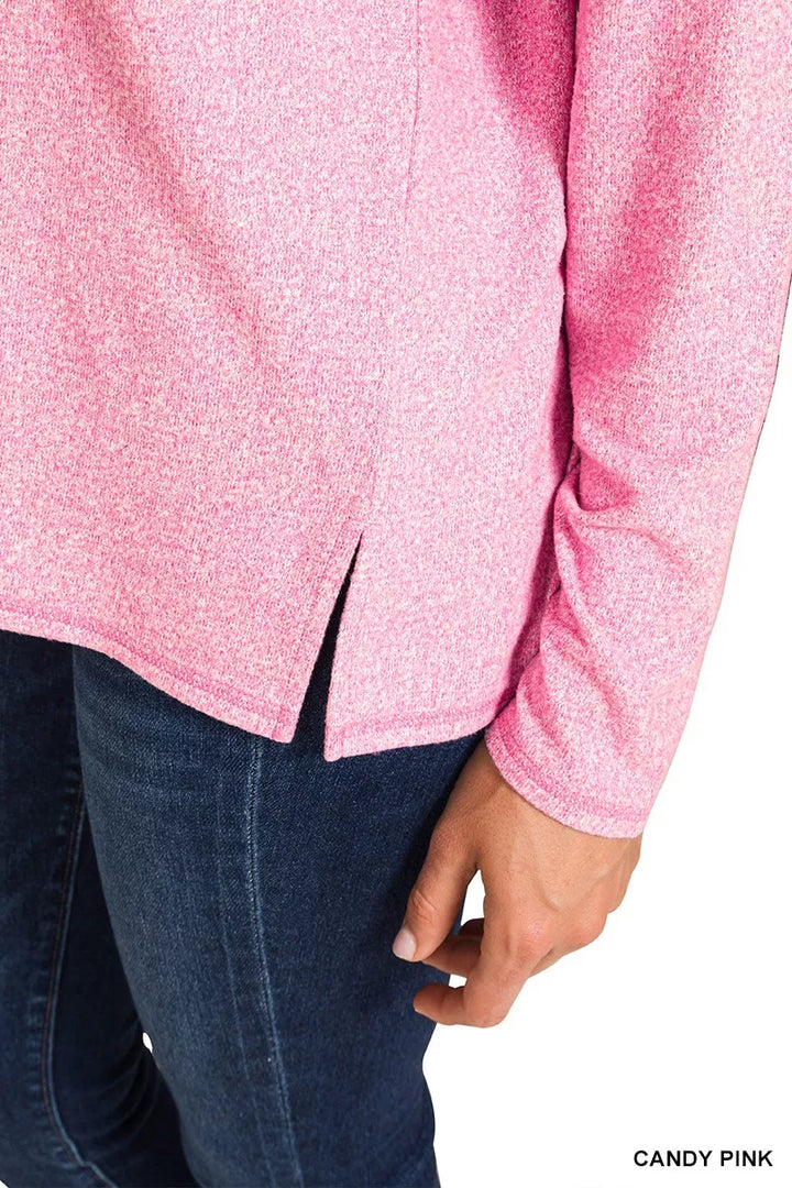 Exposed-seam melange hacci v-neck top with chest pocket