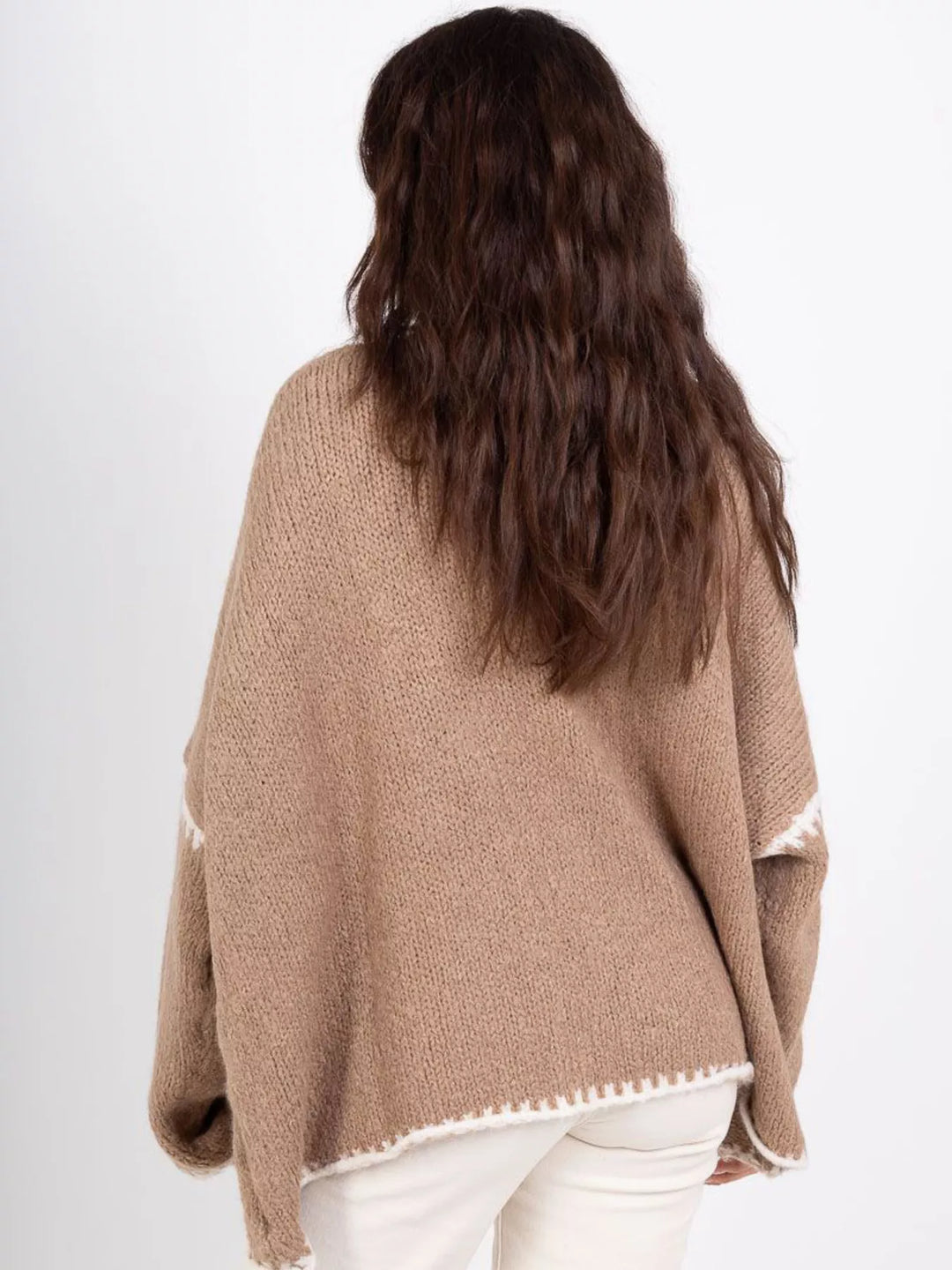 Contrast whipstitch trim open front knit cardigan