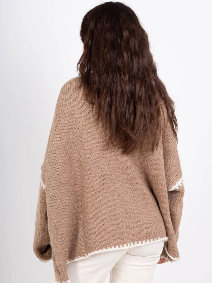 Contrast whipstitch trim open front knit cardigan