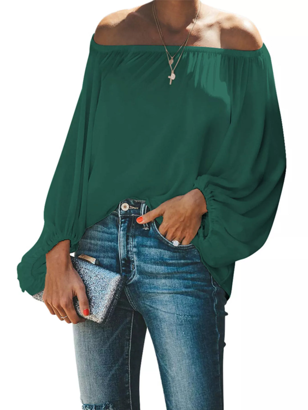 Dark Green Off-shoulder balloon sleeve blouse