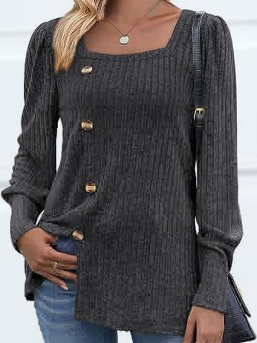 Ribbed knit square neck top with decorative buttons