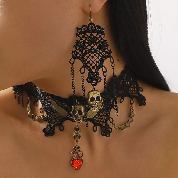 Lace skull choker necklace and drop earrings jewelry set