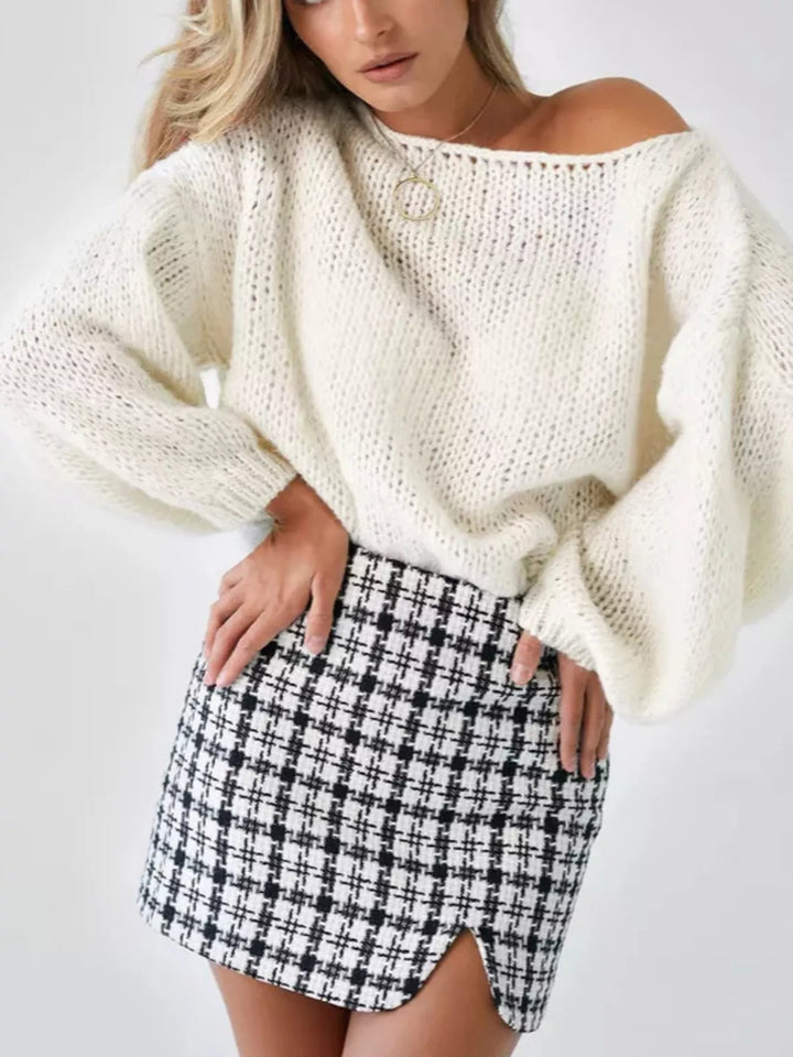Cream Oversized chunky knit boat neck sweater