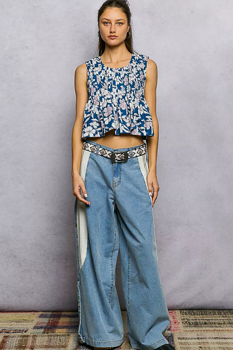 Floral pintuck crop tank with back zipper