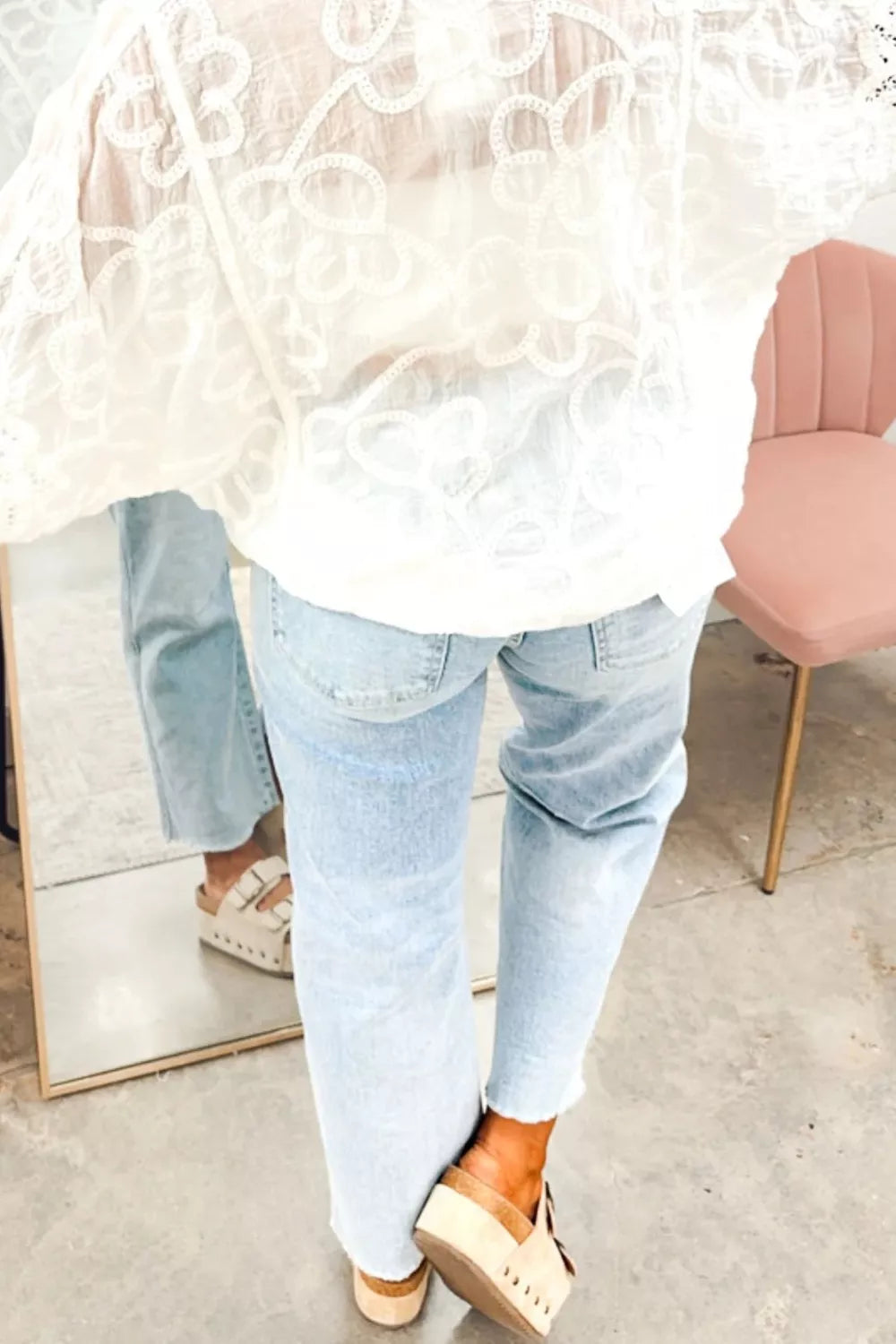 Utility pocket straight leg jeans with raw hem