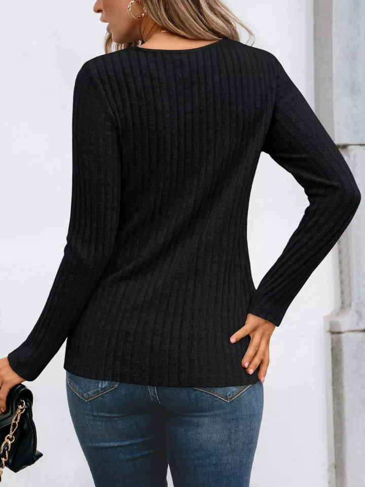 Ribbed knit long sleeve top with lace yoke