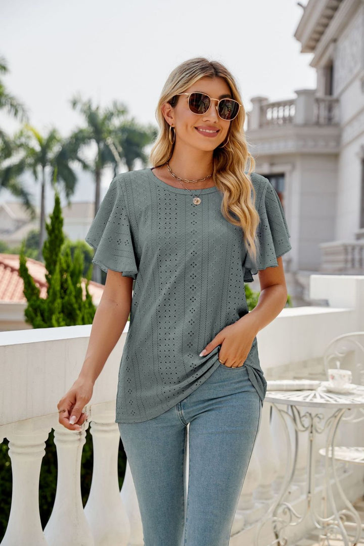 Eyelet knit flutter sleeve round neck top