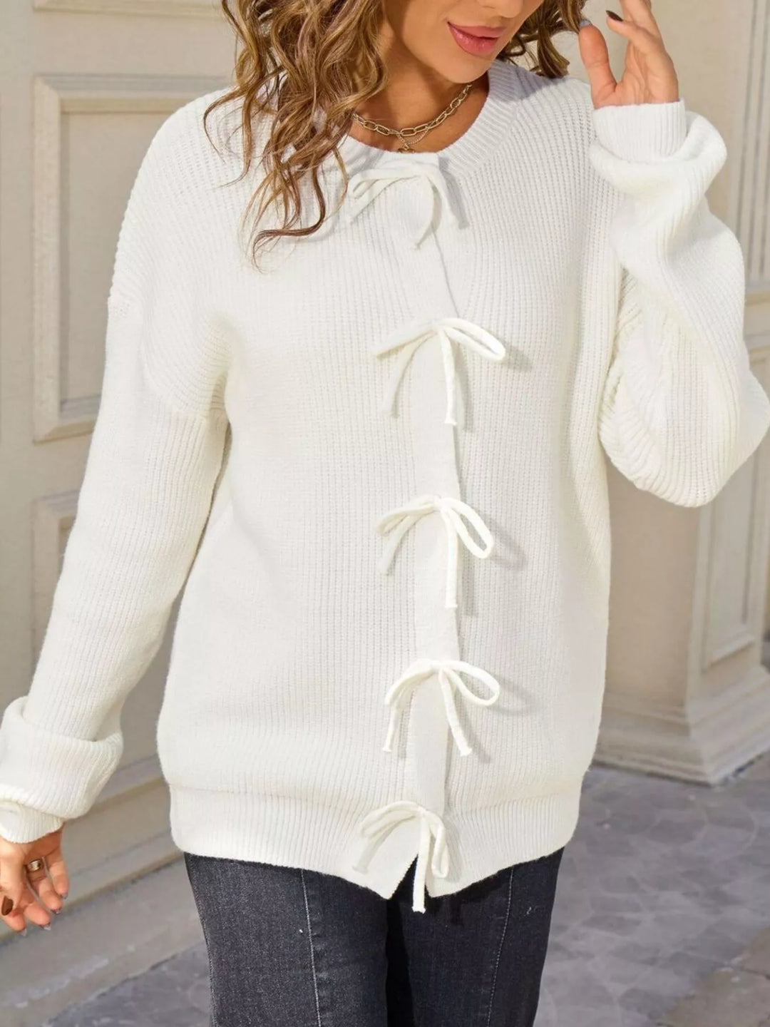Ribbed knit bow-tie button-front cardigan