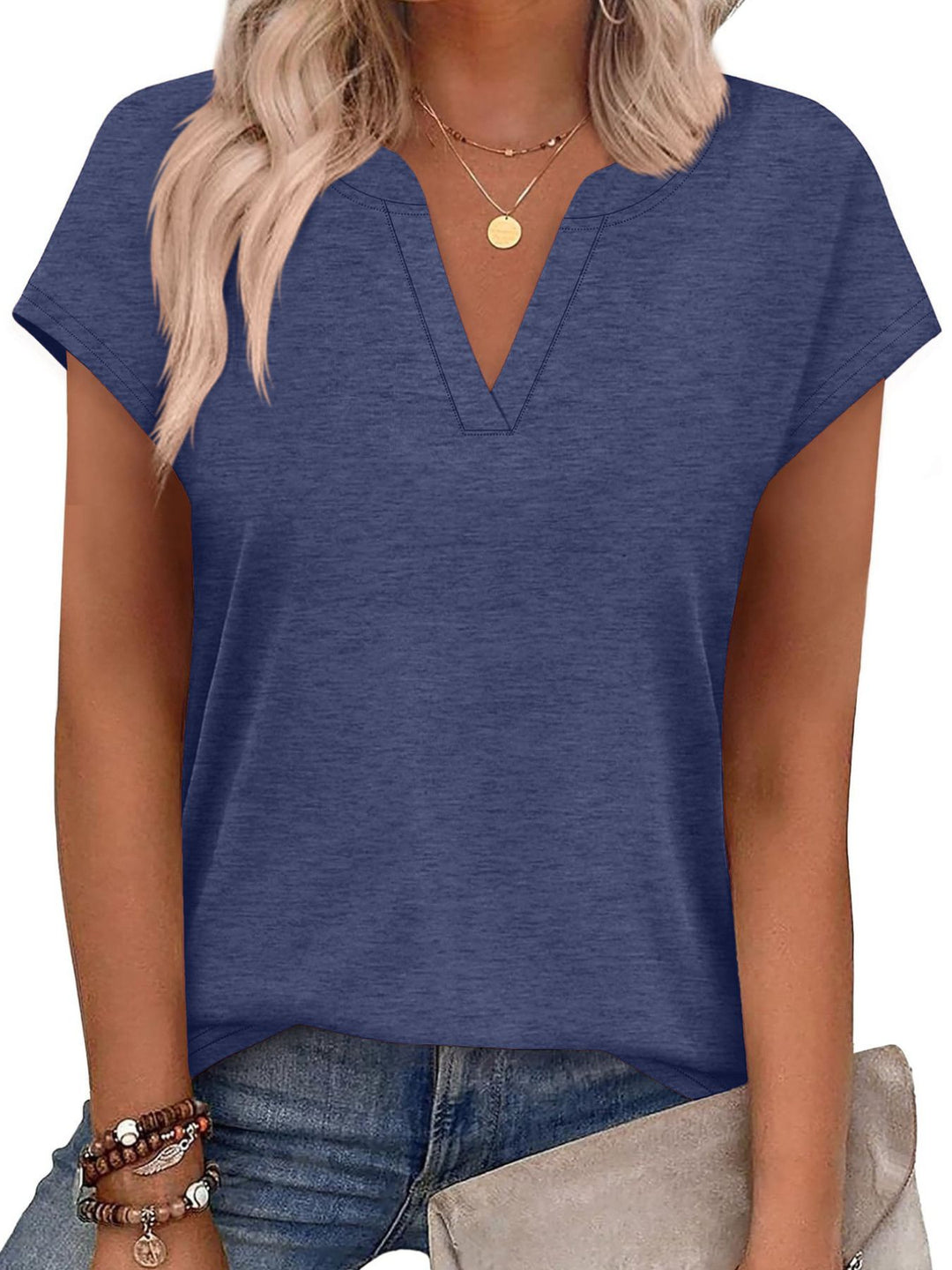 Notched V-neck short sleeve relaxed knit top