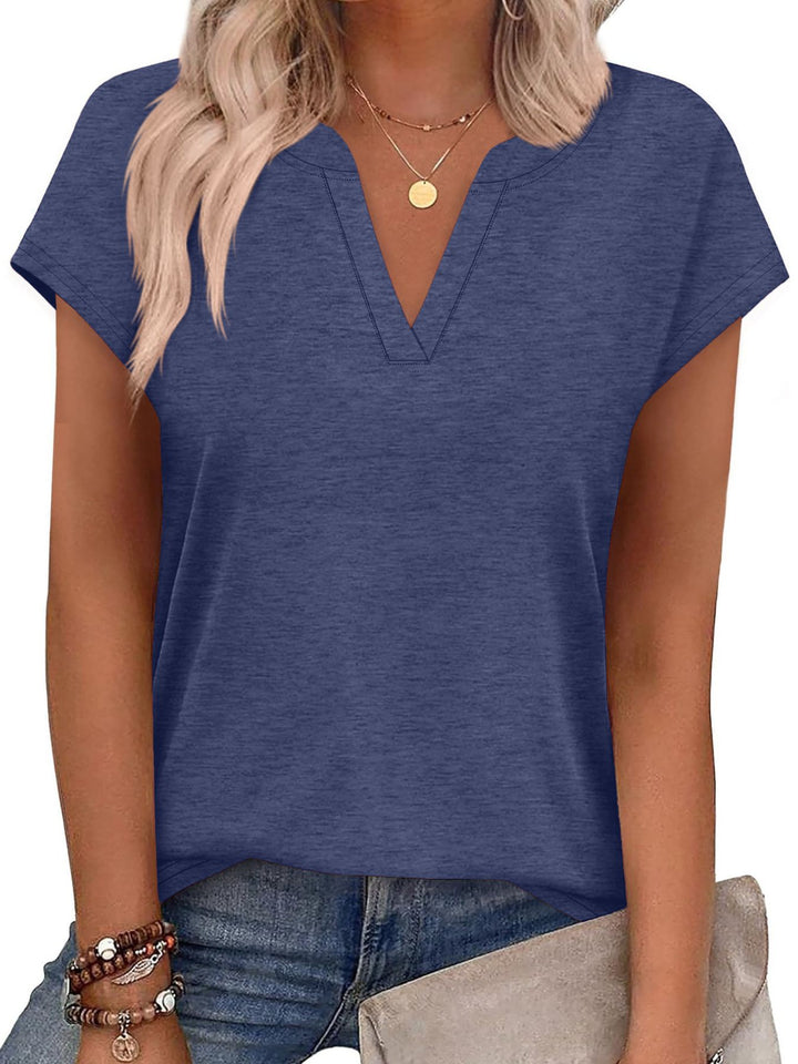 Notched V-neck short sleeve relaxed knit top