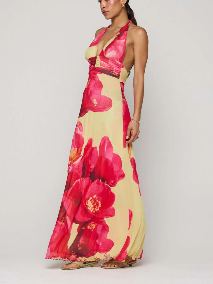 Backless floral halter deep V maxi dress with ruched waist