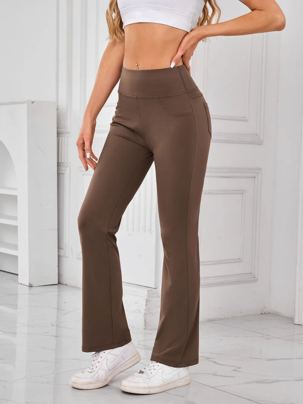 Brown High-waist flare active pants with side pockets