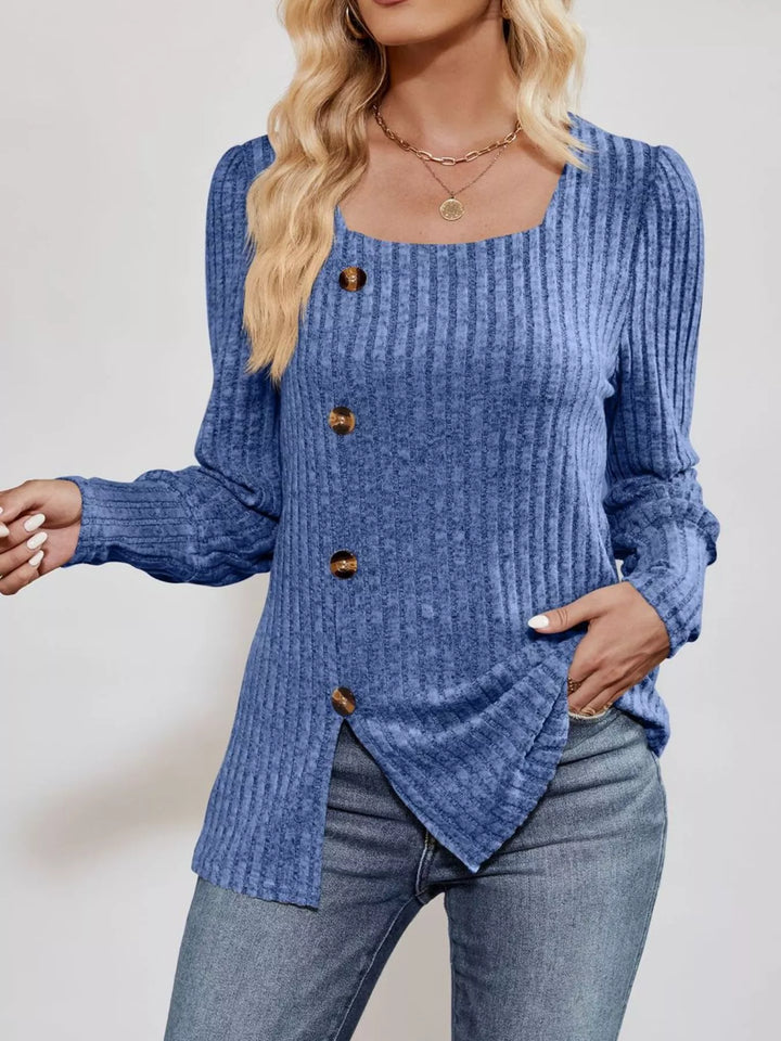 Ribbed knit square-neck top with button trim and side slit