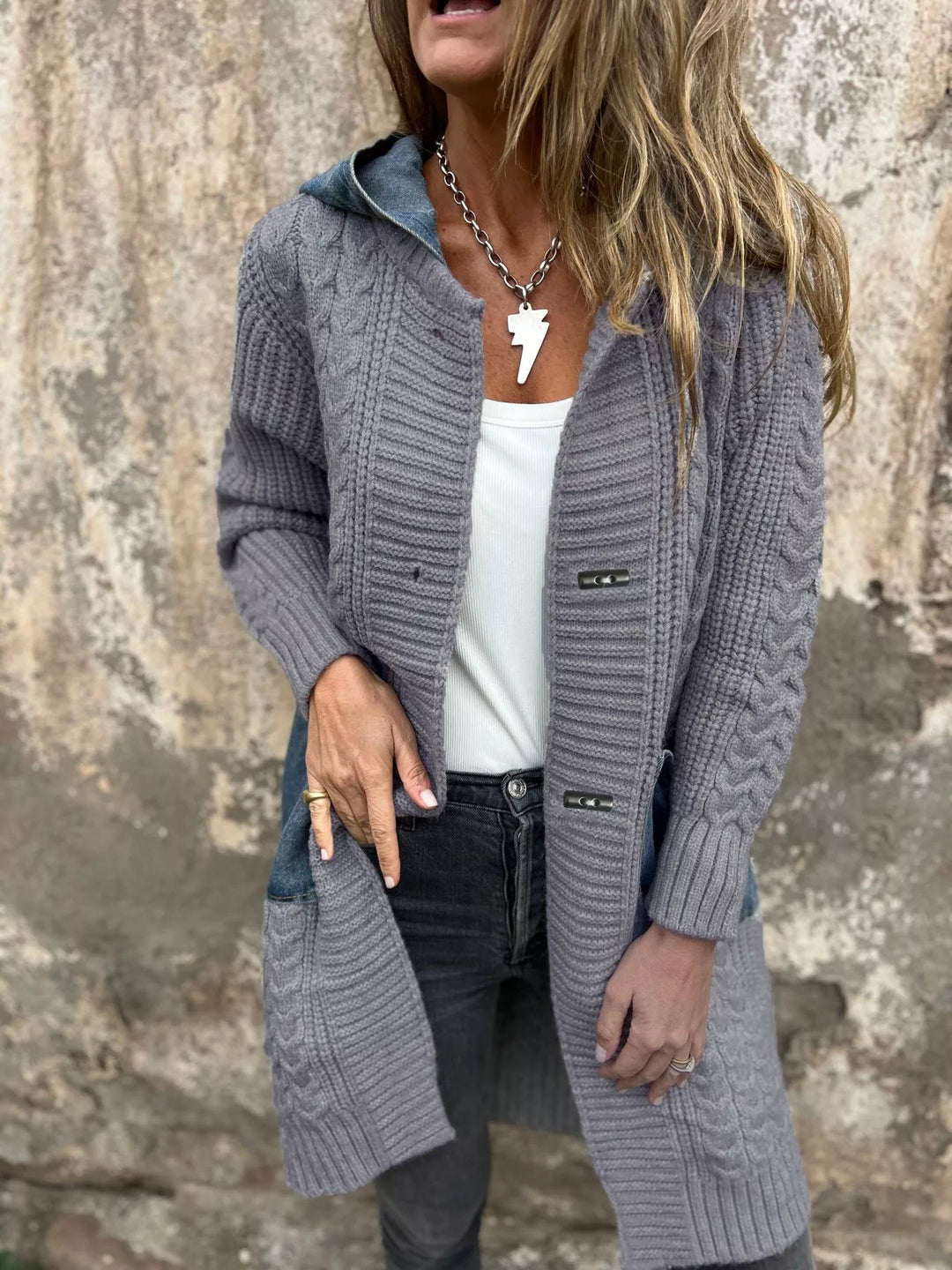 Gray Hooded cable knit longline cardigan with toggle buttons